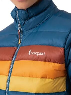 Cotopaxi  FUEGO DOWN JACKET W Jacket with Red, Orange and Yellow Chest Tripes M